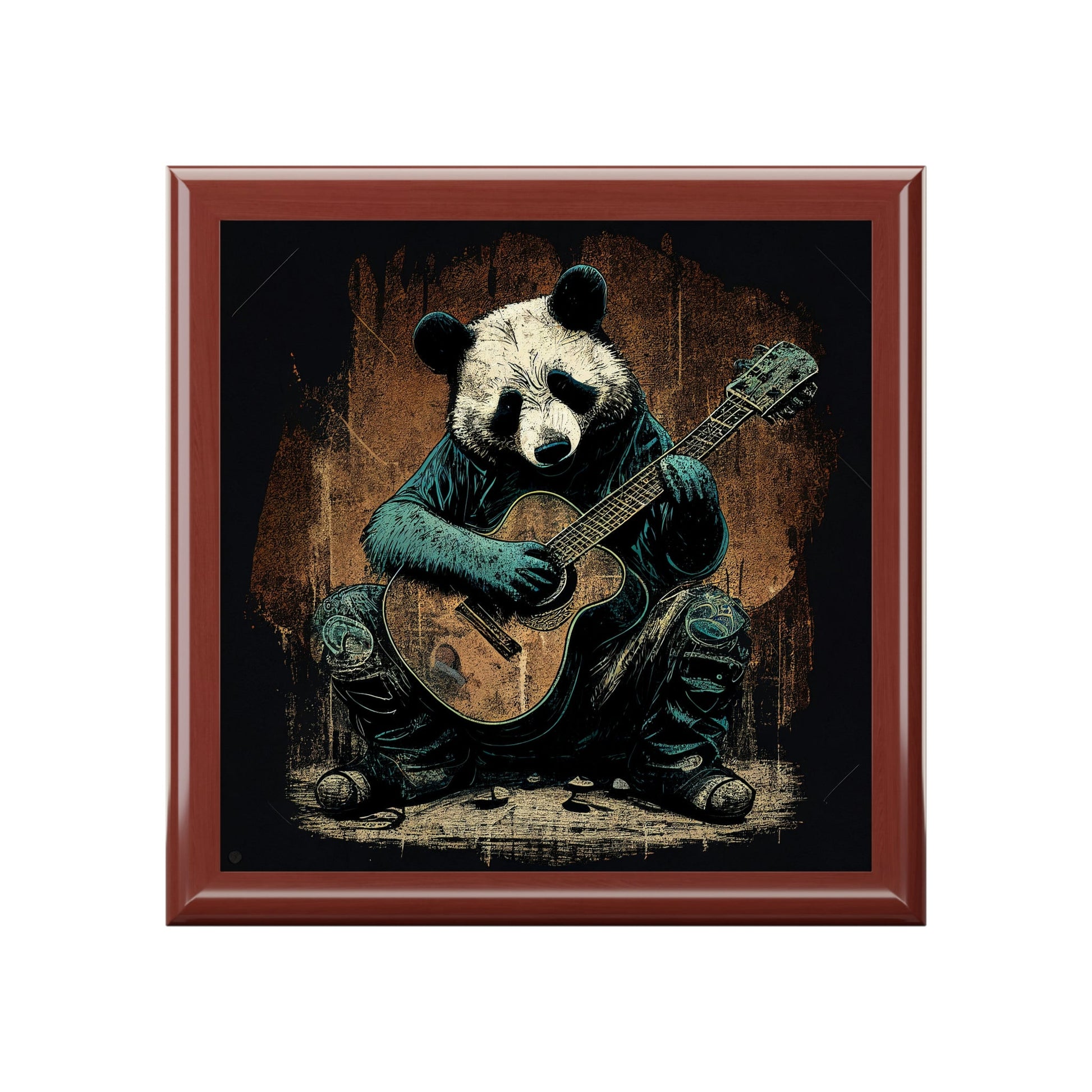 Panda Bear Playing Guitar Wood Keepsake Jewelry Box with Ceramic Tile Cover