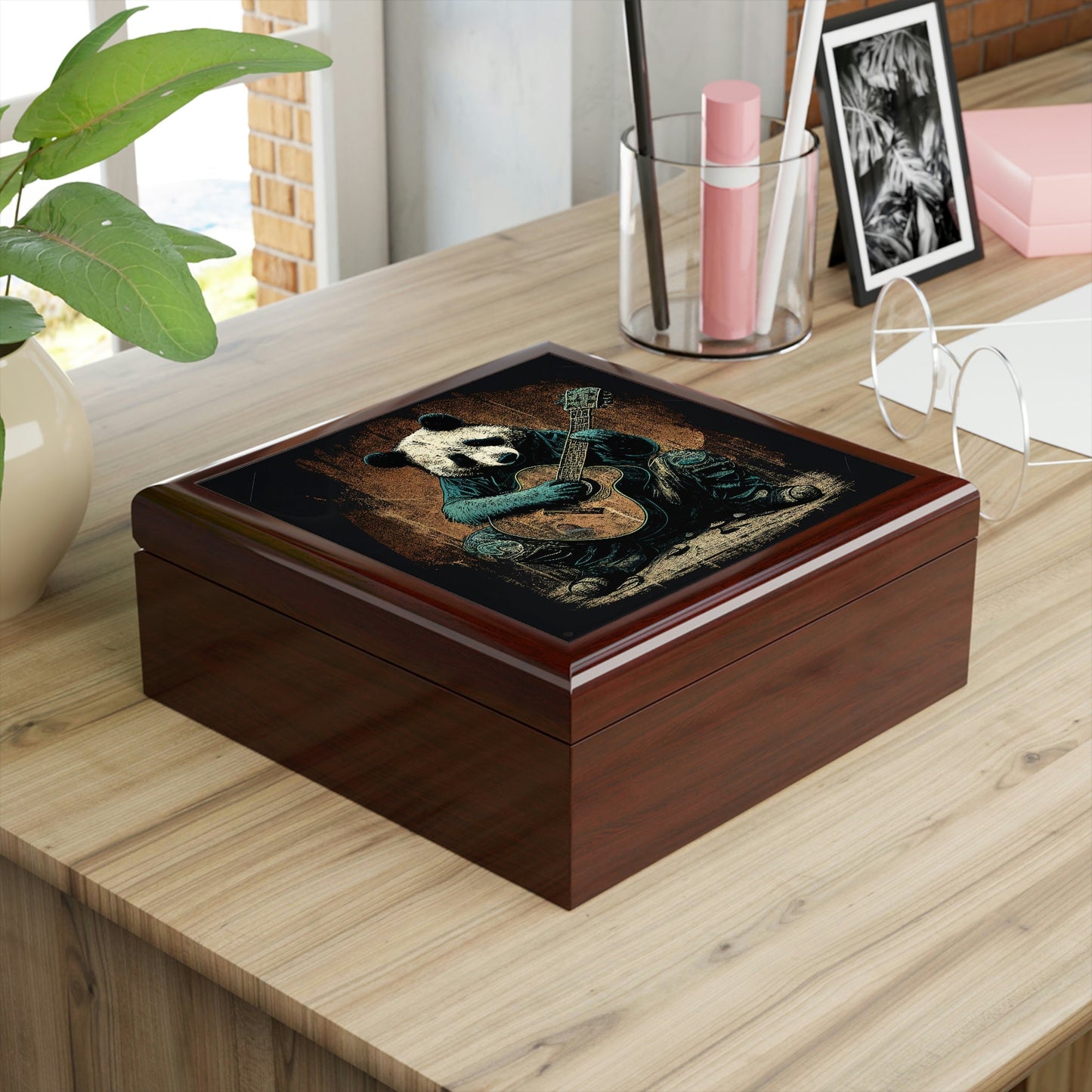 Panda Bear Playing Guitar Wood Keepsake Jewelry Box with Ceramic Tile Cover