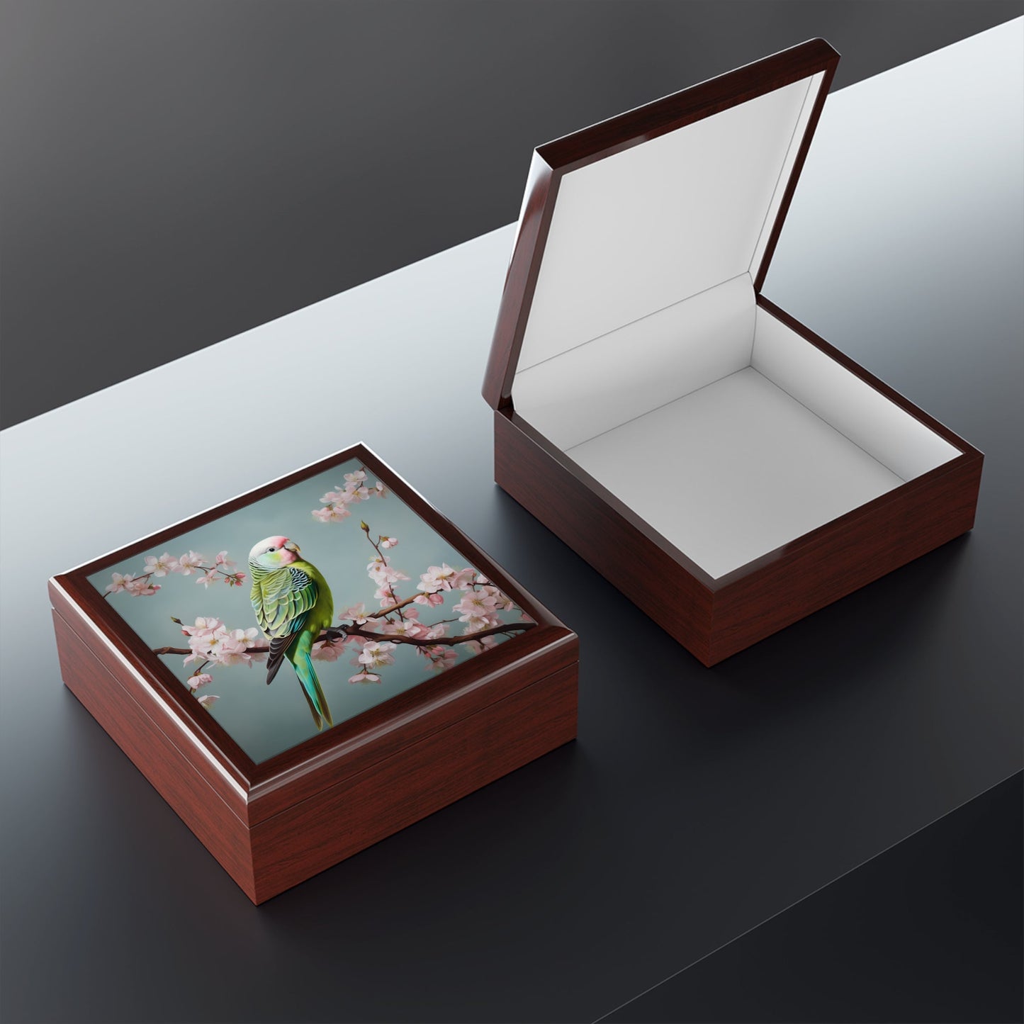 Parakeet "Budgie" in a Flowering Cherry Tree Gift, Trinket and Jewelry Box
