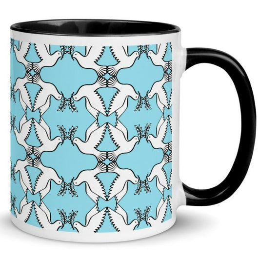 Peace Dove Pattern Mug with blue yellow red Color Inside