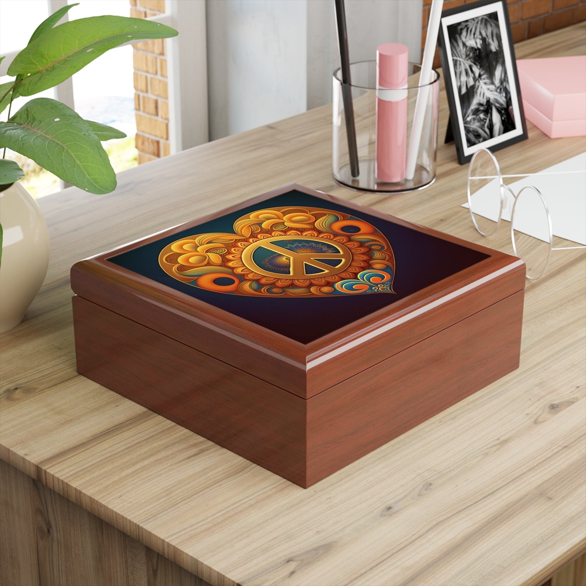 Peace Sign Heart Wood Keepsake Jewelry Box with Ceramic Tile Cover