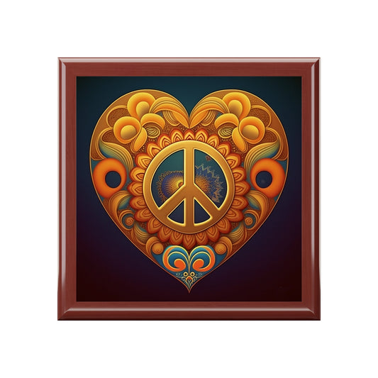 Peace Sign Heart Wood Keepsake Jewelry Box with Ceramic Tile Cover