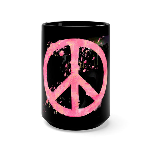 Pink Watercolor Peace Sign Black Mug 15oz