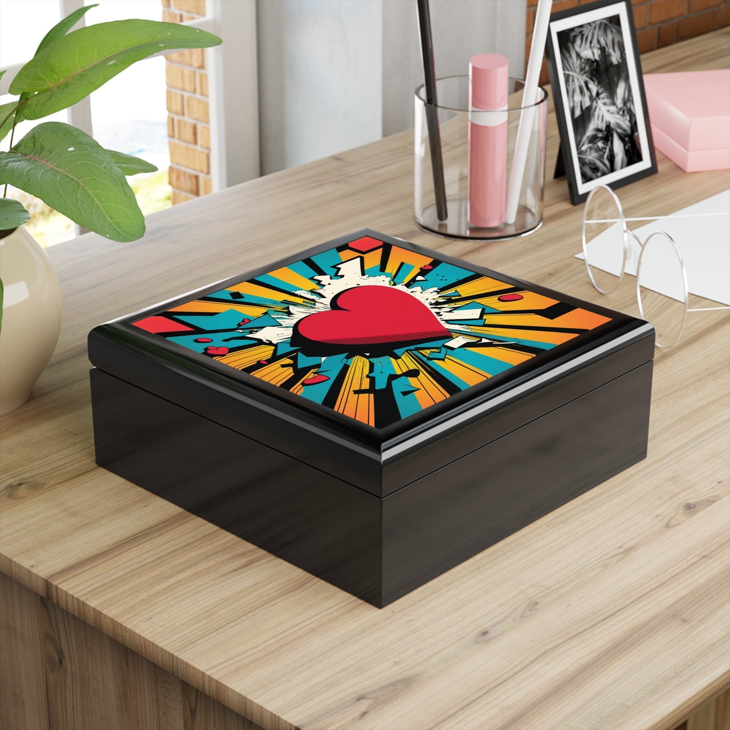 Pop Art Heart Wood Keepsake Jewelry Box with Ceramic Tile Cover