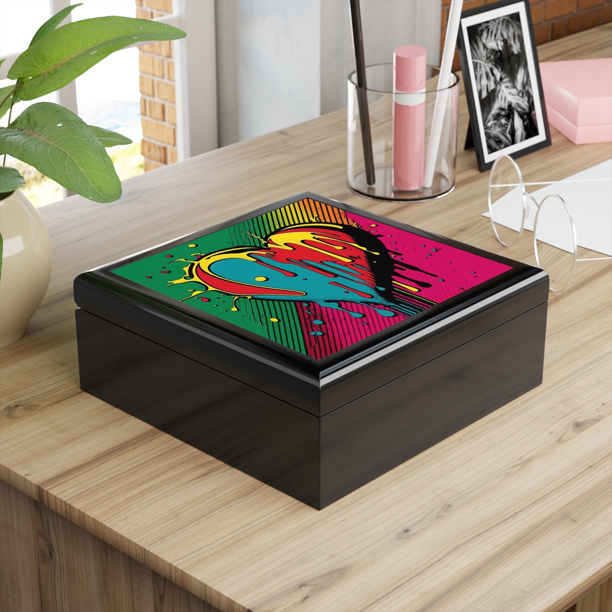 Pop Art Paint Dripping Heart Wood Keepsake Jewelry Box with Ceramic Tile Cover