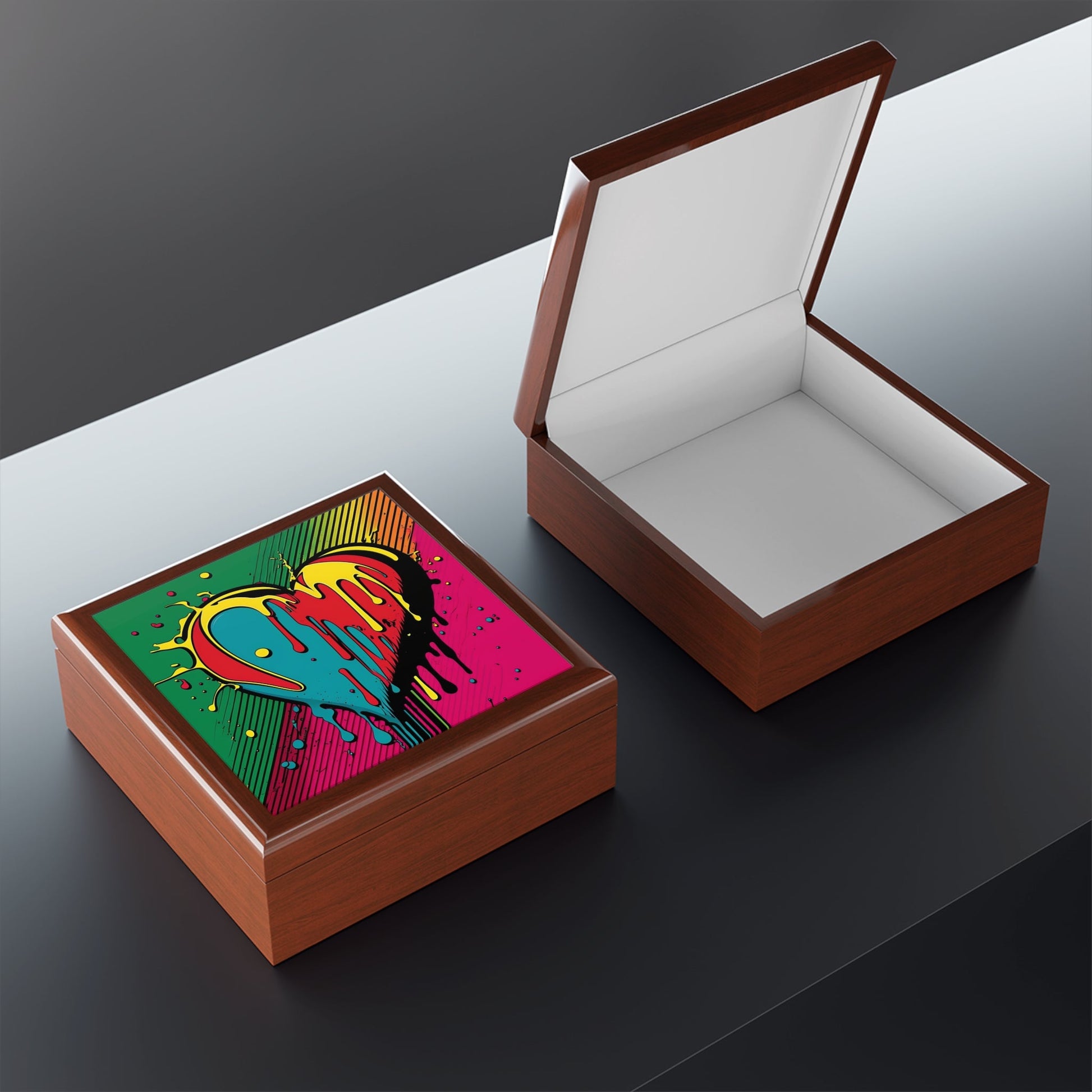 Pop Art Paint Dripping Heart Wood Keepsake Jewelry Box with Ceramic Tile Cover