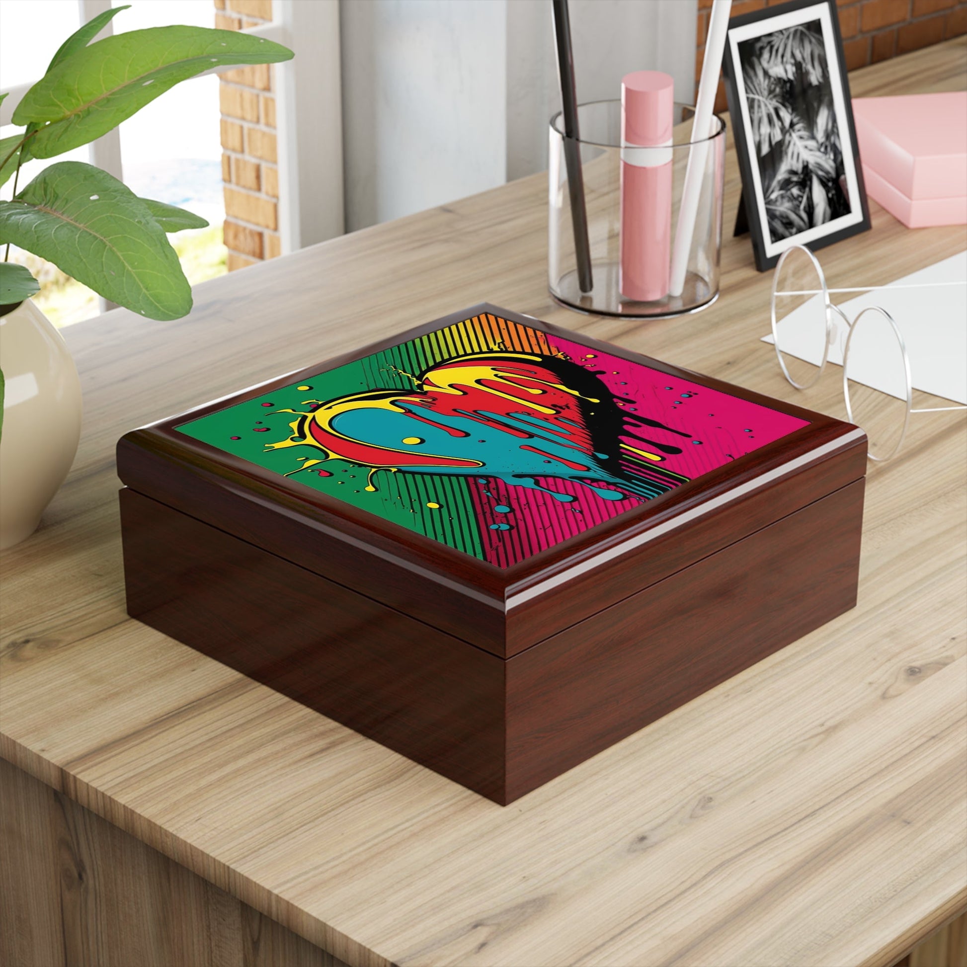 Pop Art Paint Dripping Heart Wood Keepsake Jewelry Box with Ceramic Tile Cover