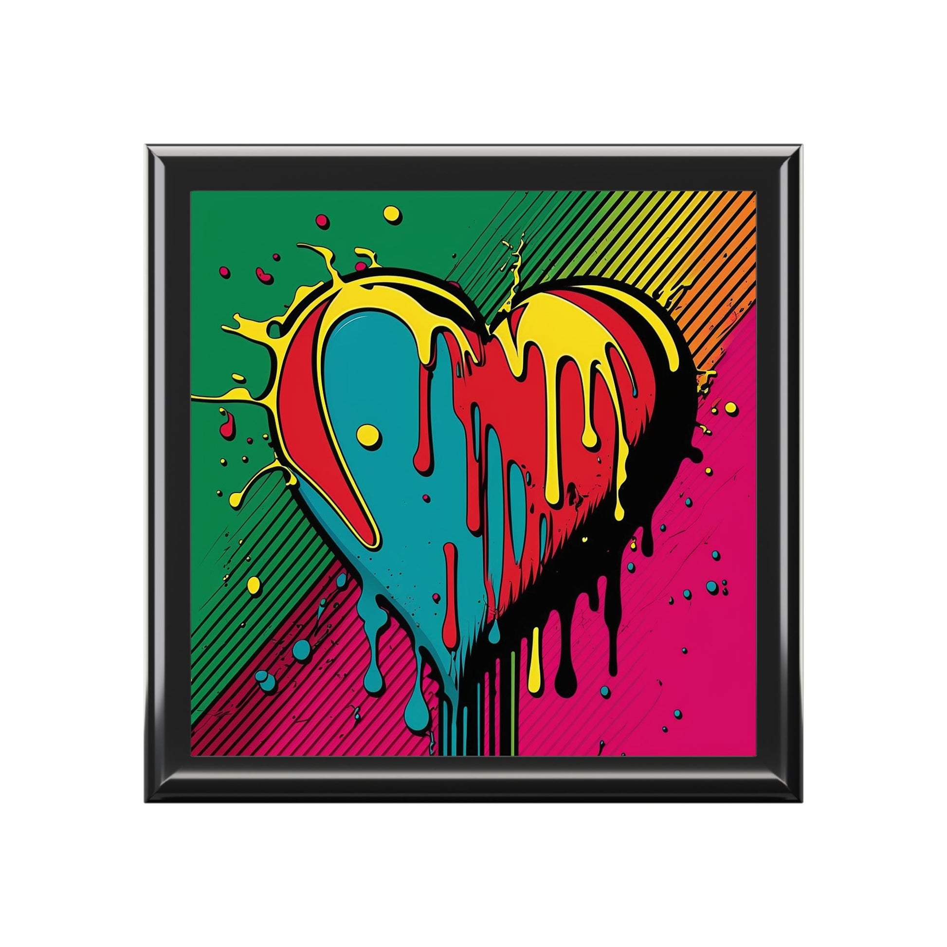 Pop Art Paint Dripping Heart Wood Keepsake Jewelry Box with Ceramic Tile Cover