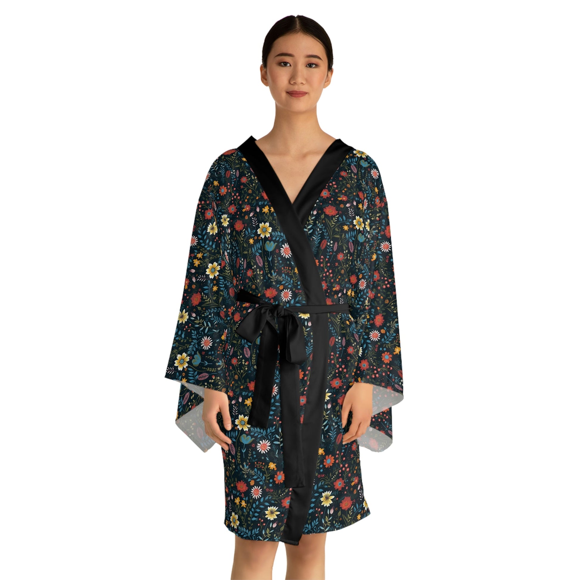 Pressed Wildflowers on Black Background Pattern Long Sleeve Kimono Robe