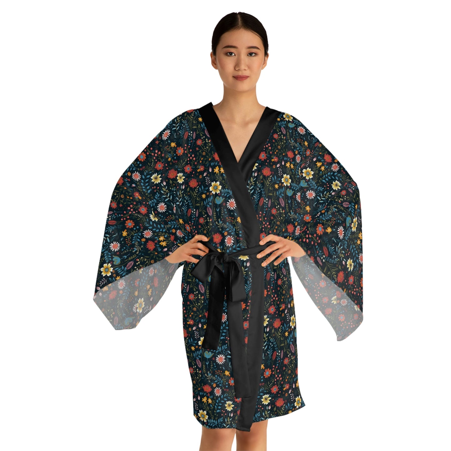 Pressed Wildflowers on Black Background Pattern Long Sleeve Kimono Robe