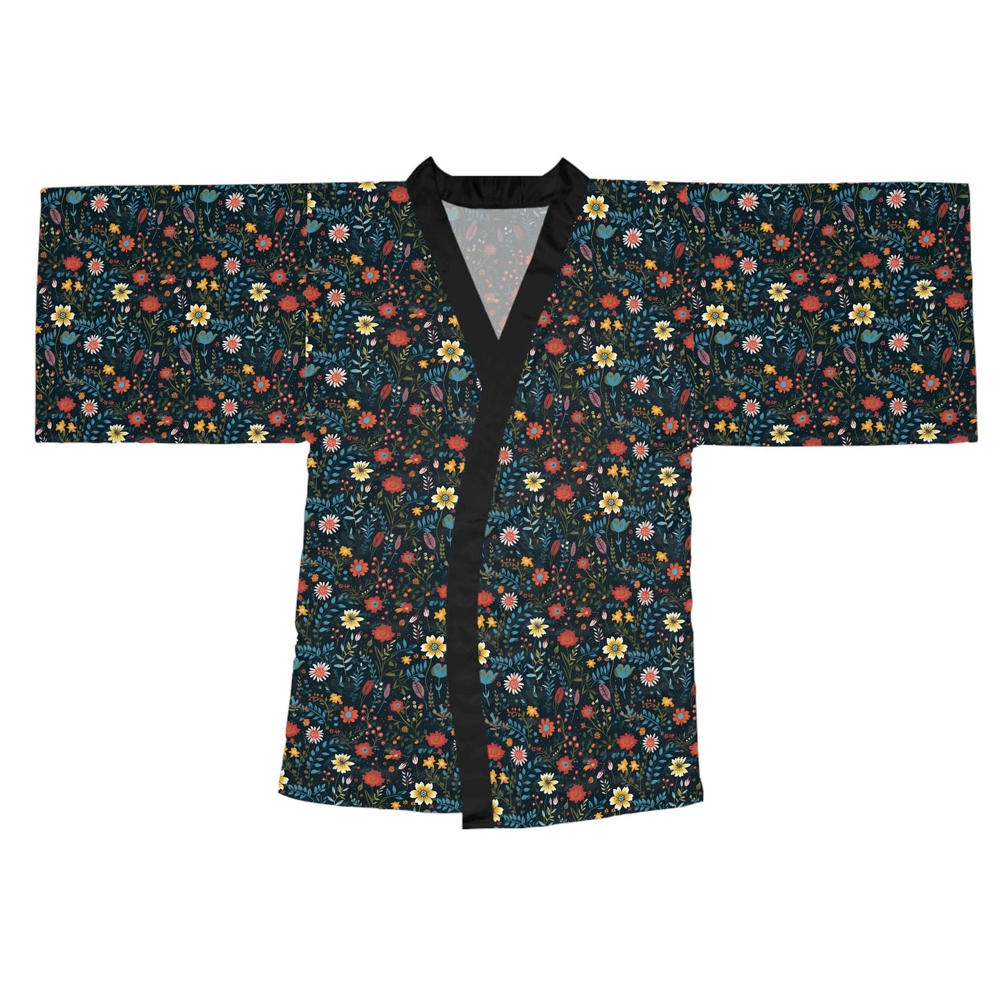 Pressed Wildflowers on Black Background Pattern Long Sleeve Kimono Robe