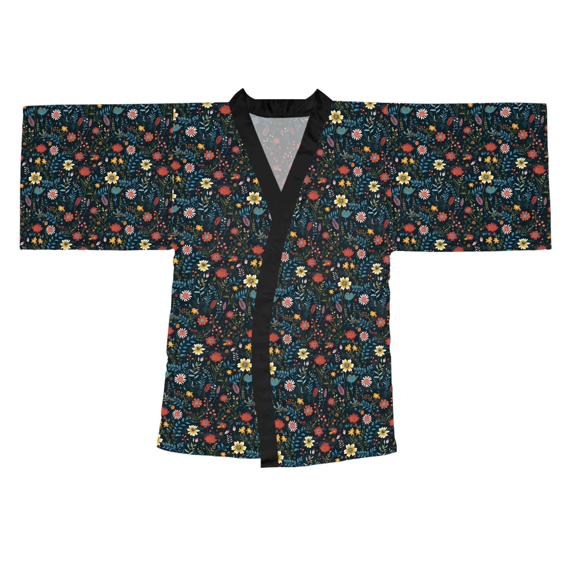 Pressed Wildflowers on Black Background Pattern Long Sleeve Kimono Robe