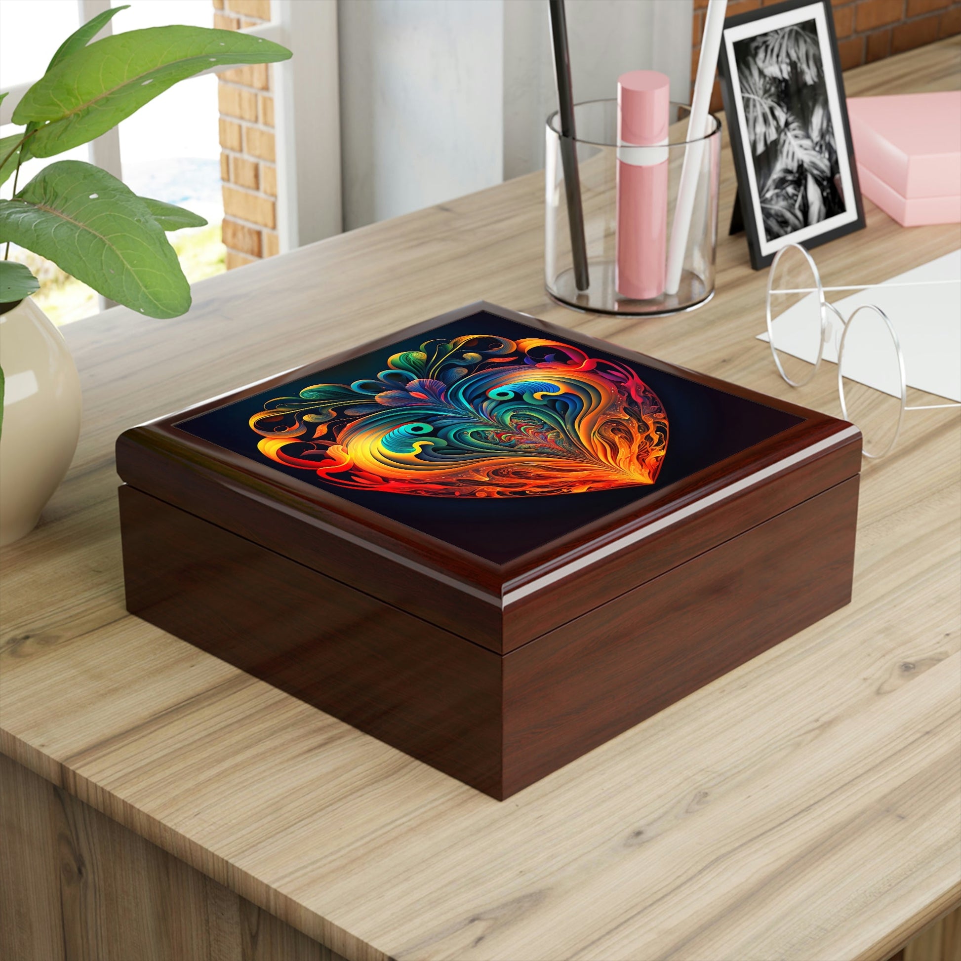 Psychedelic Heart Wood Keepsake Jewelry Box with Ceramic Tile Cover