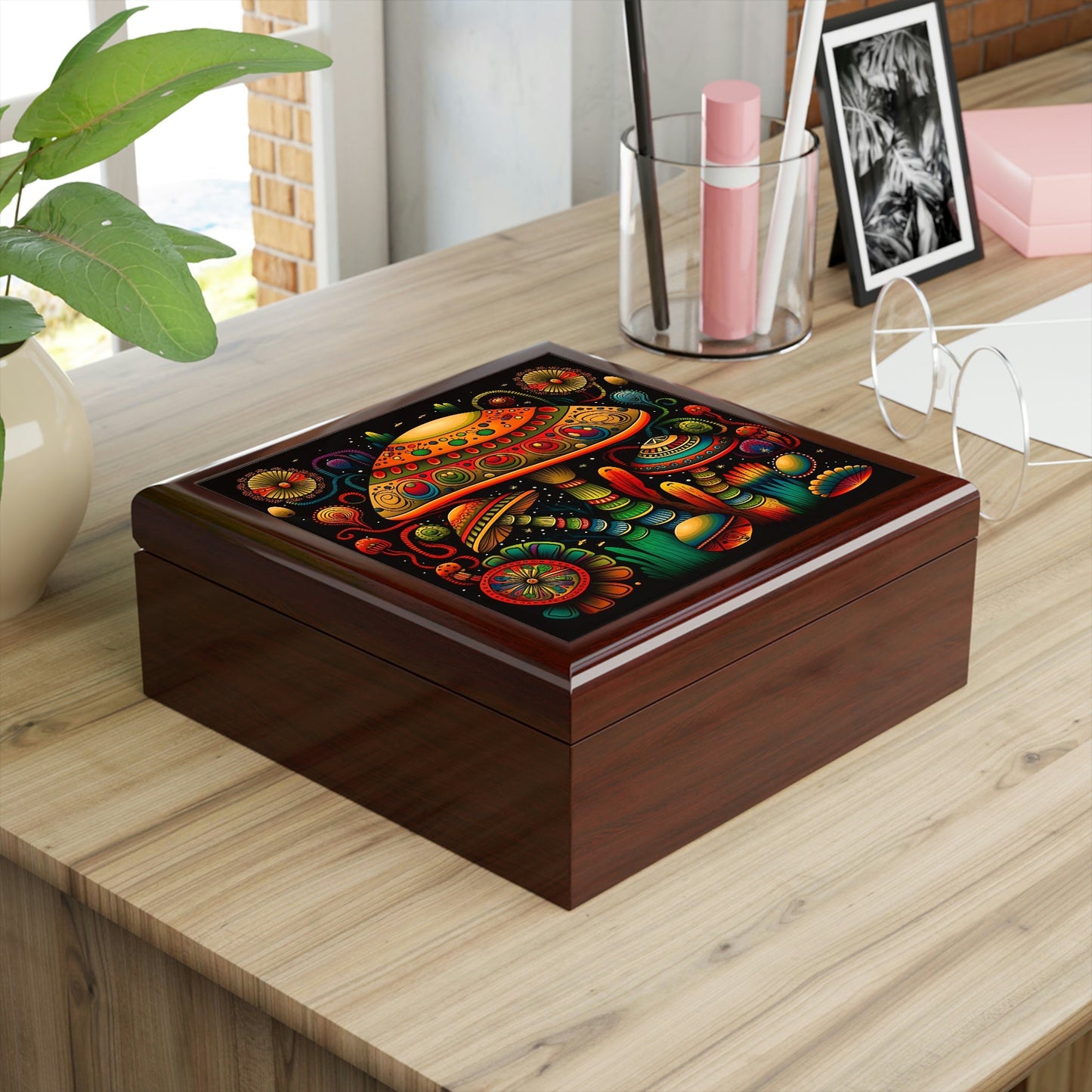 Psychedelic Mushroom Wooden Keepsake Jewelry Box with Ceramic Tile Cover