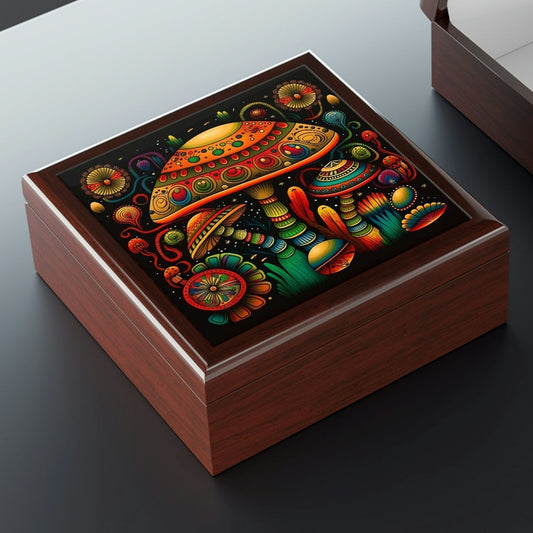 Psychedelic Mushroom Wooden Keepsake Jewelry Box with Ceramic Tile Cover