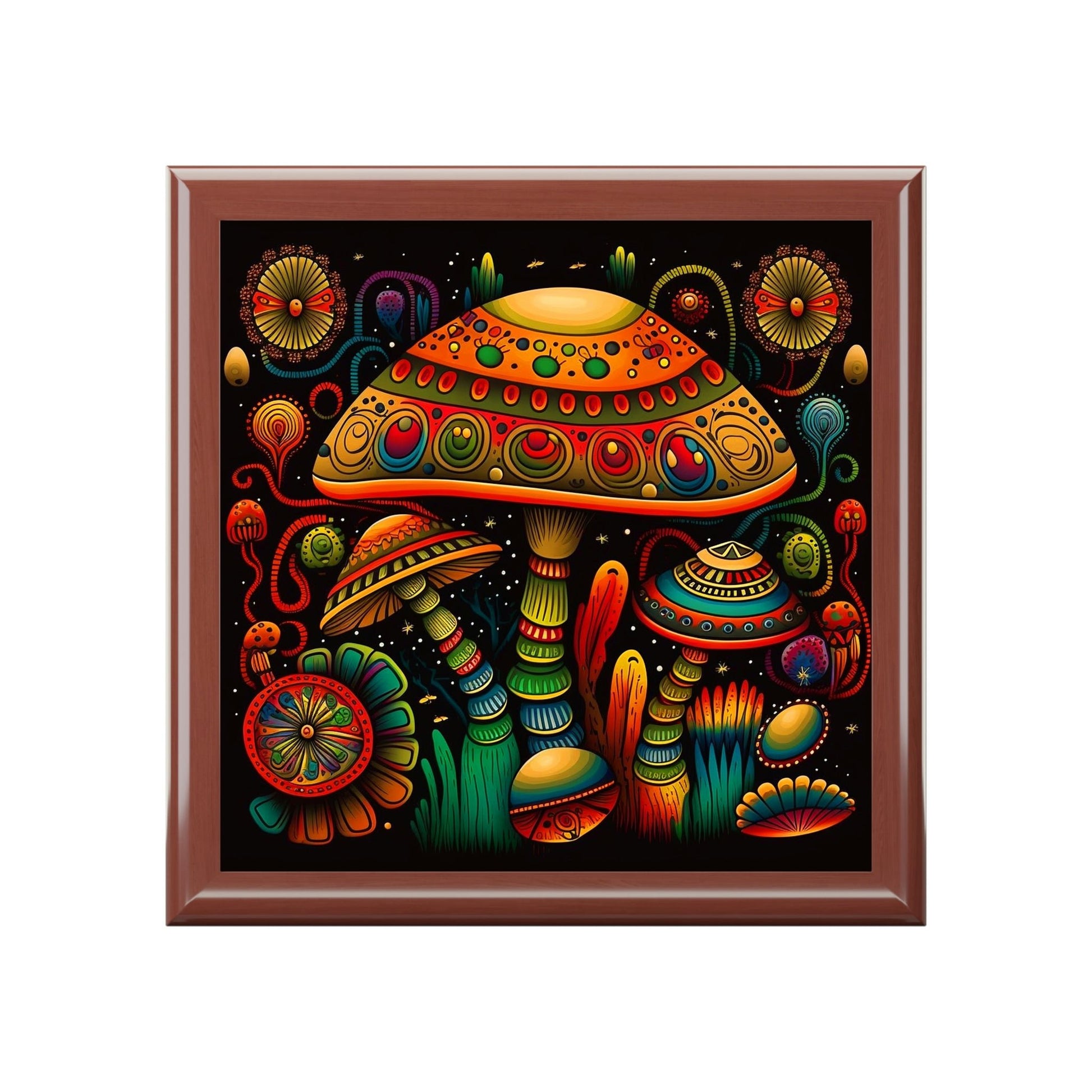 Psychedelic Mushroom Wooden Keepsake Jewelry Box with Ceramic Tile Cover