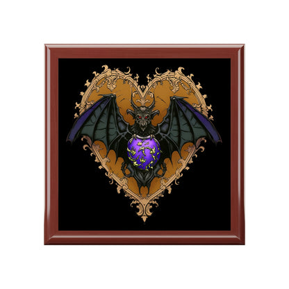 Purple Gothic Bat Heart Design Wooden Keepsake Jewelry Box