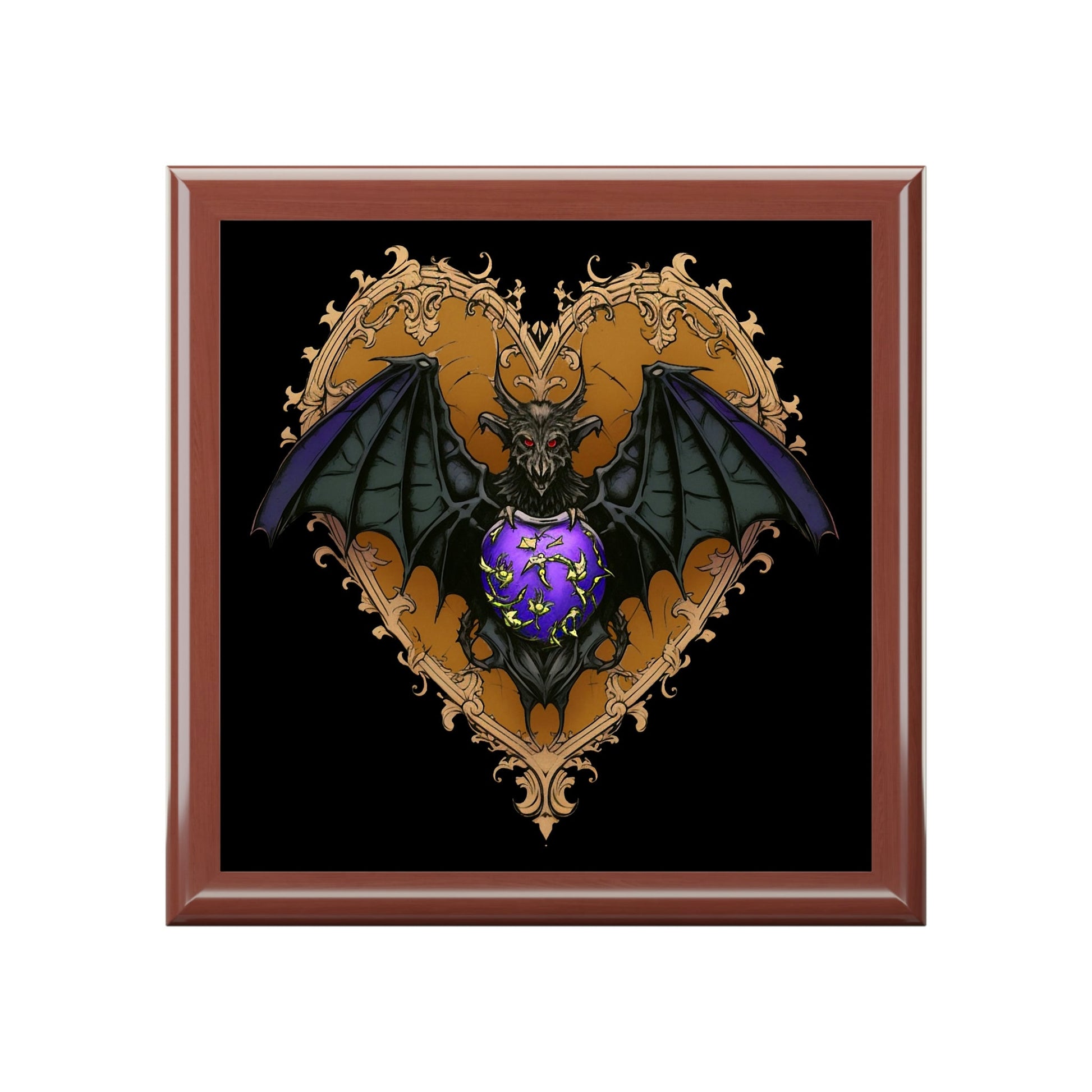 Purple Gothic Bat Heart Design Wooden Keepsake Jewelry Box