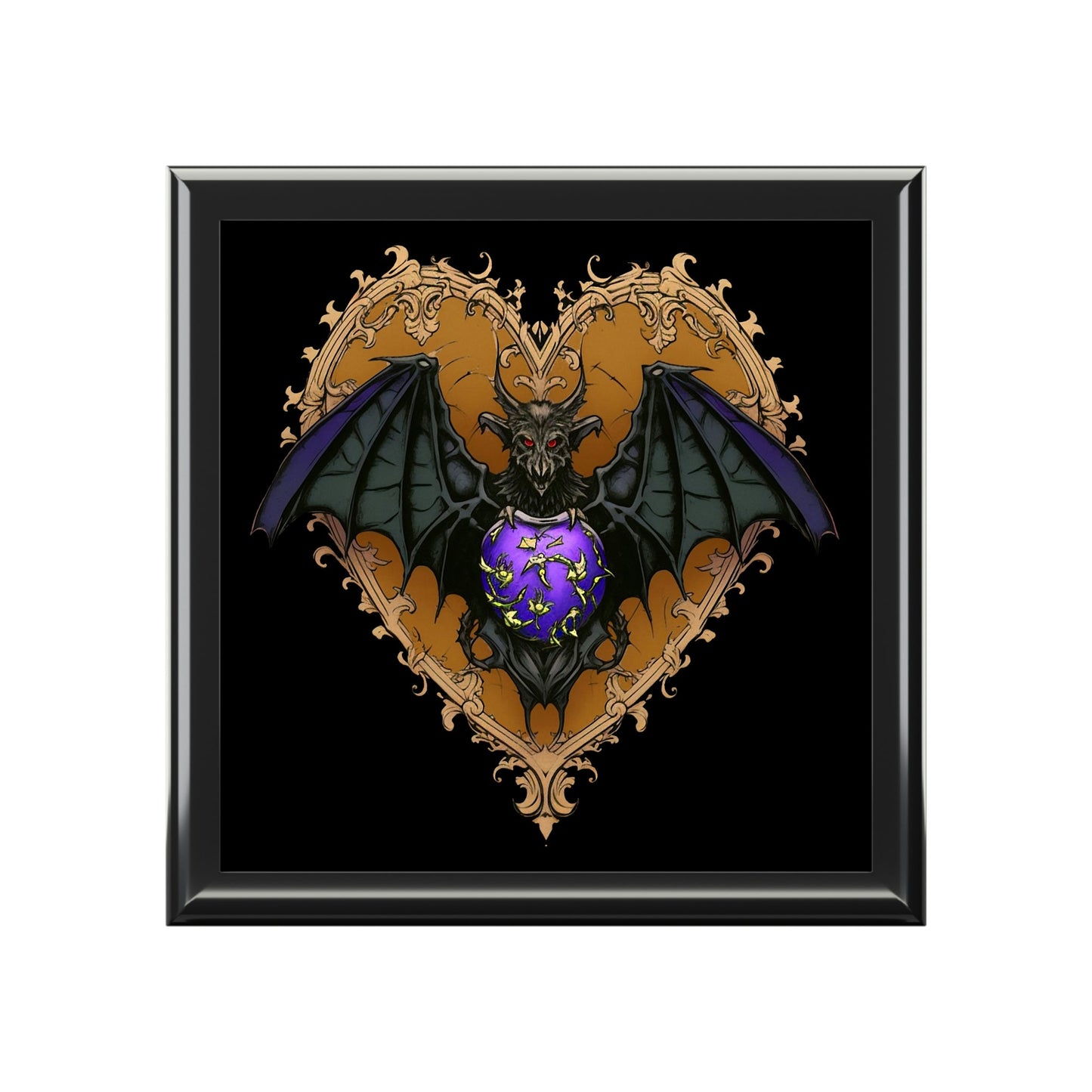 Purple Gothic Bat Heart Design Wooden Keepsake Jewelry Box