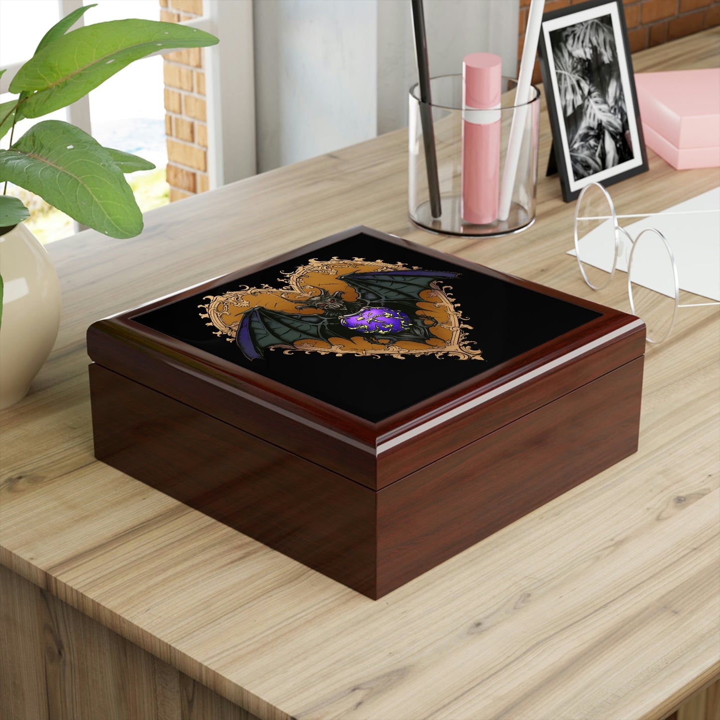 Purple Gothic Bat Heart Design Wooden Keepsake Jewelry Box