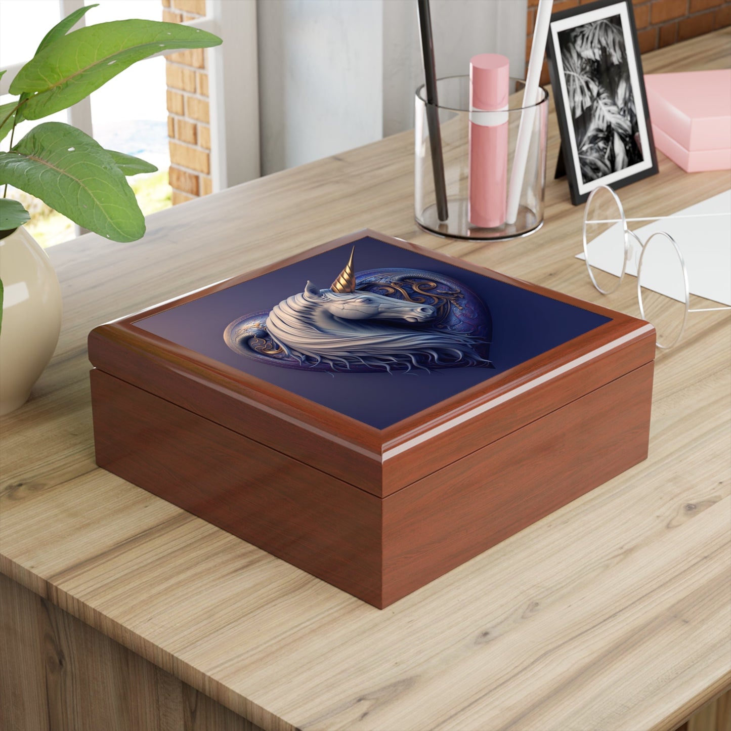 Purple Lavender Unicorn Heart Wood Keepsake Jewelry Box with Ceramic Tile Cover
