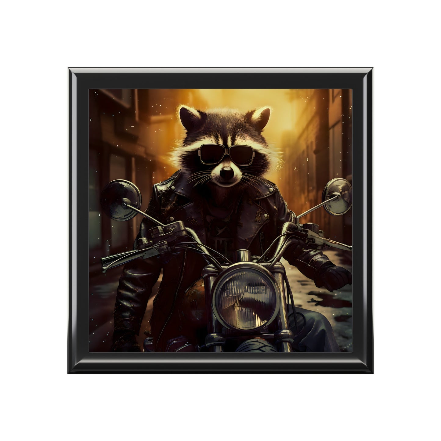 Rascal Raccoon on a Motorcycle Fine Art Print Jewelry Keepsake Trinkets Box