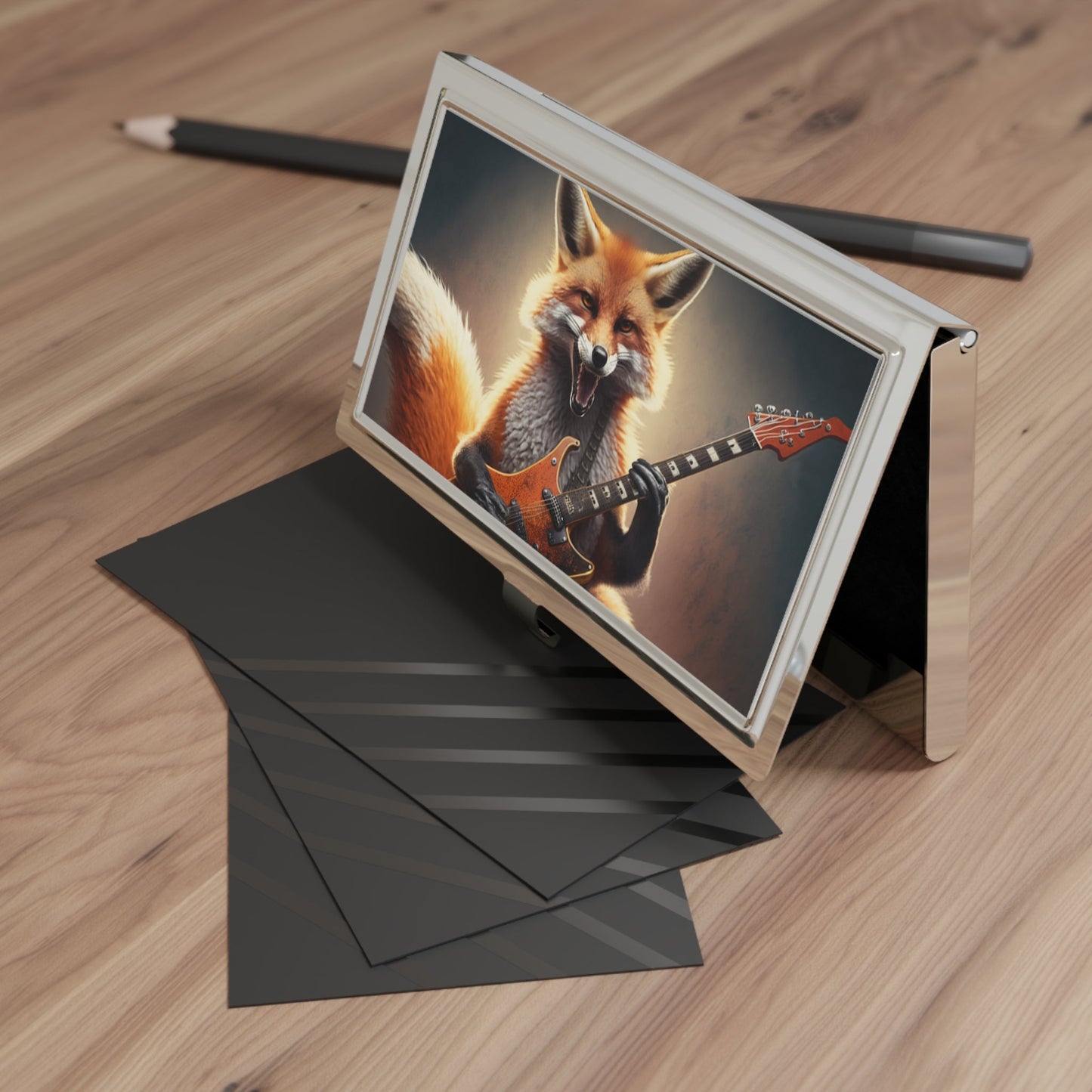 Red Fox Playing Guitar Business Card Holder