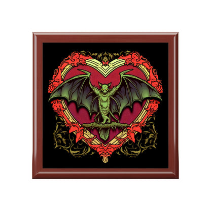 Red Gothic Bat Heart Design Wooden Keepsake Jewelry Box