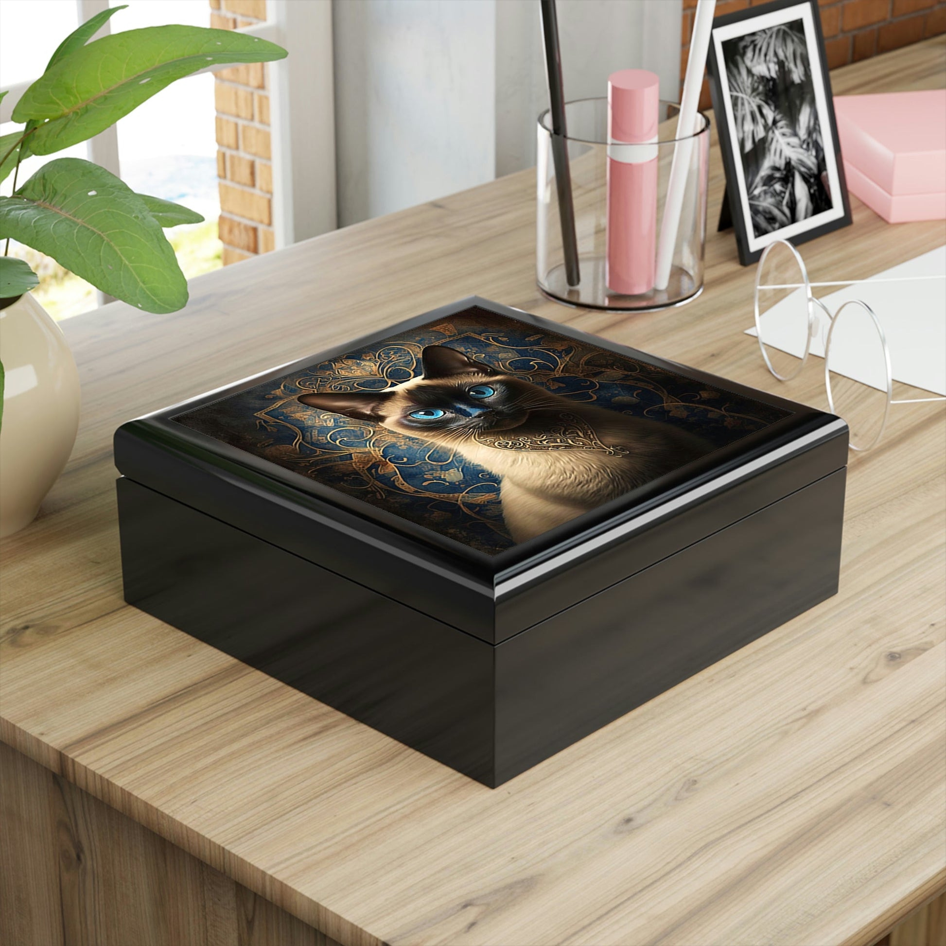 Royal Siamese Cat Wood Keepsake Jewelry Box with Ceramic Tile Cover