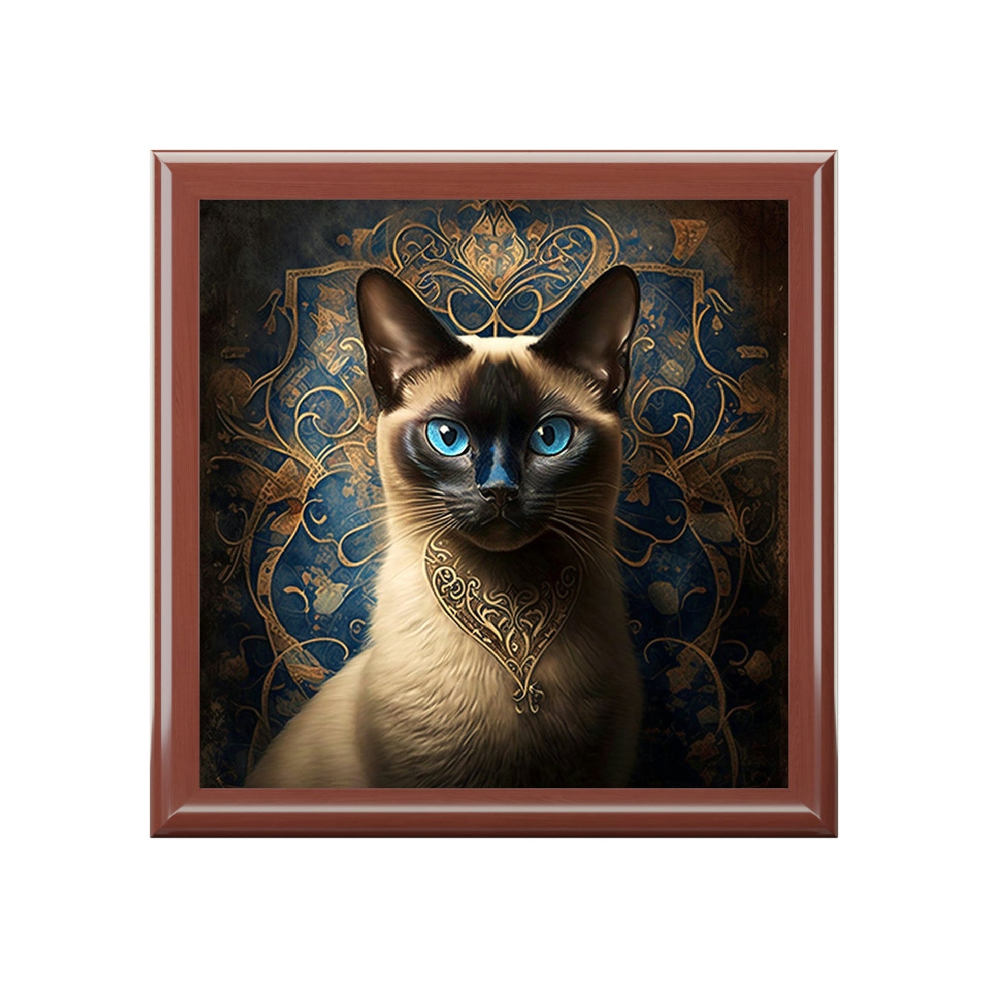 Royal Siamese Cat Wood Keepsake Jewelry Box with Ceramic Tile Cover