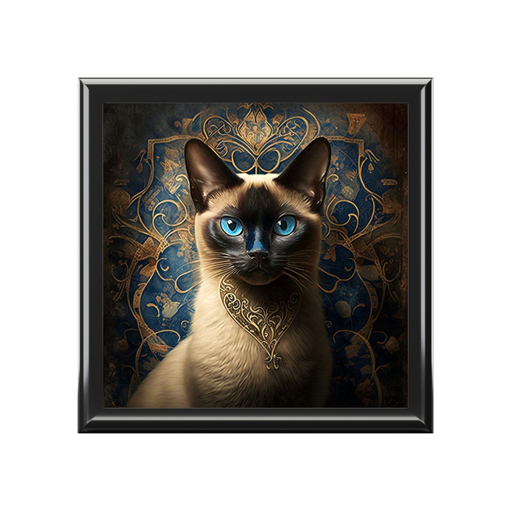 Royal Siamese Cat Wood Keepsake Jewelry Box with Ceramic Tile Cover