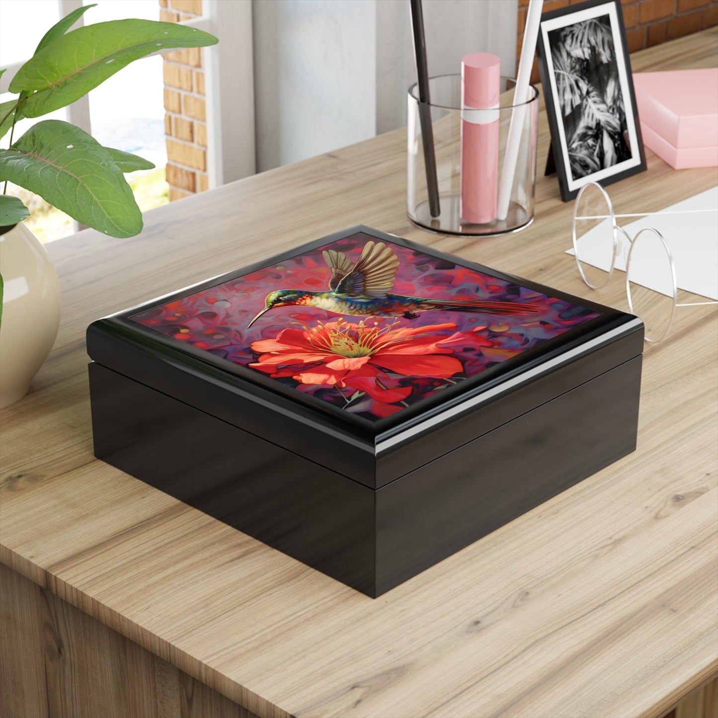 Ruby Throated Hummingbird and Hibiscus Jewelry Keepsake Box