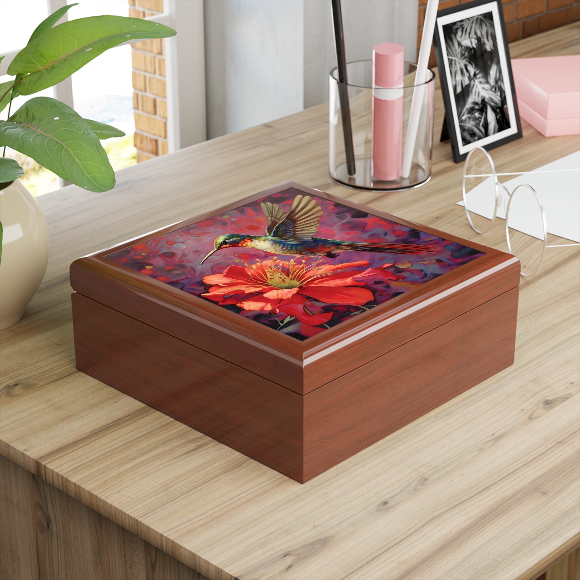 Ruby Throated Hummingbird and Hibiscus Jewelry Keepsake Box