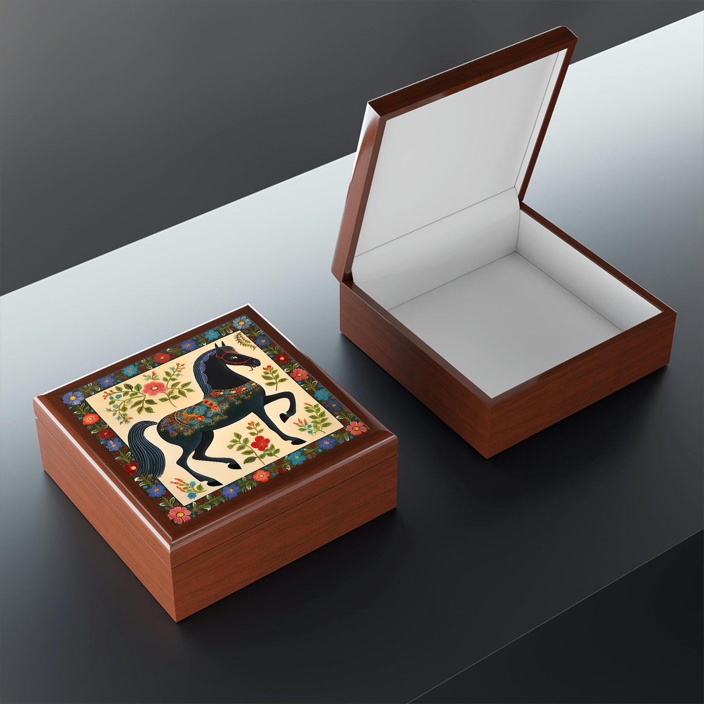 Rustic Folk Art Black Horse Design Wooden Keepsake Jewelry Box