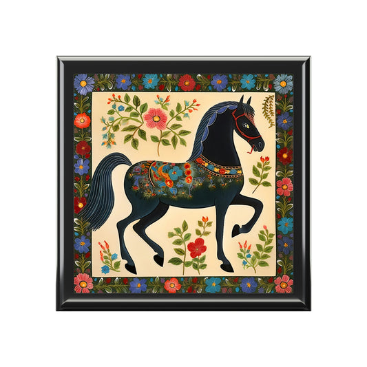 Rustic Folk Art Black Horse Design Wooden Keepsake Jewelry Box