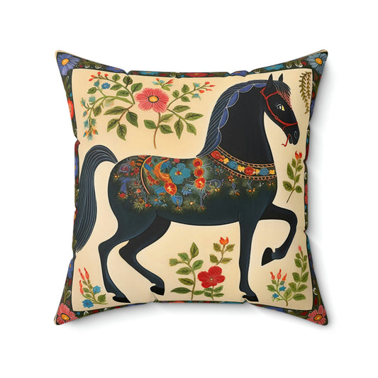 Rustic Folk Art Black Horse with Border Design Square Pillow - Cottagecore Country Farm Style Gift for Yourself or Loved Ones