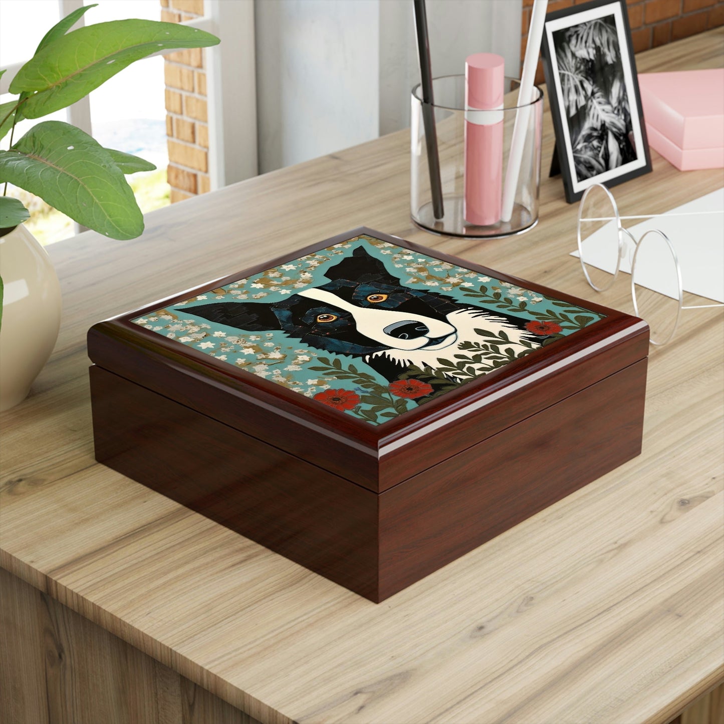 Rustic Folk Art Border Collie Design Wooden Keepsake Jewelry Box