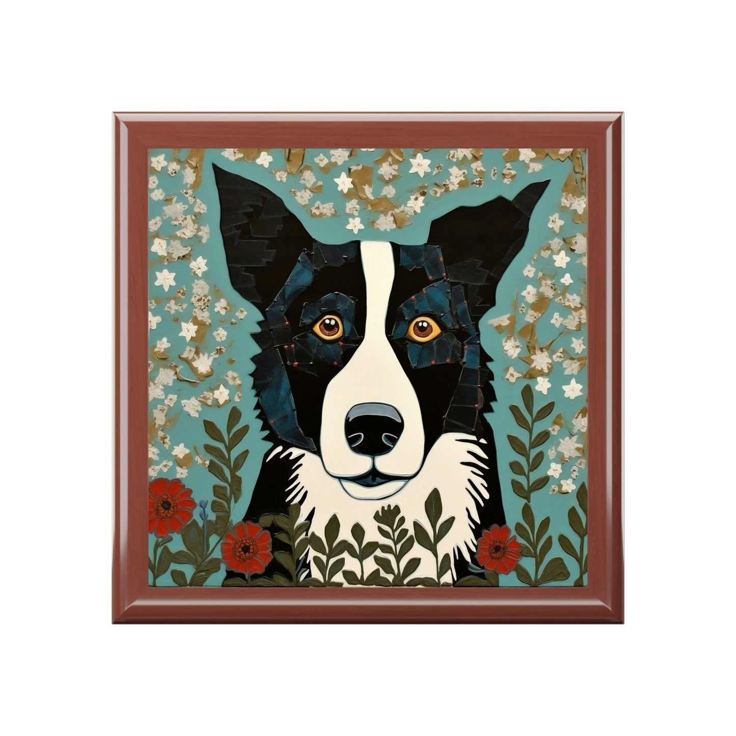 Rustic Folk Art Border Collie Design Wooden Keepsake Jewelry Box