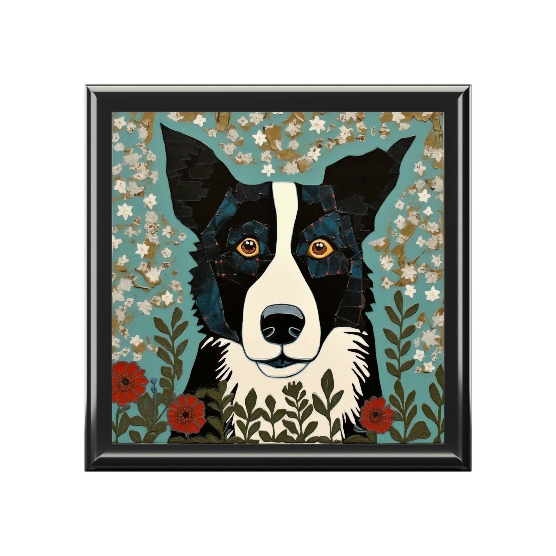 Rustic Folk Art Border Collie Design Wooden Keepsake Jewelry Box