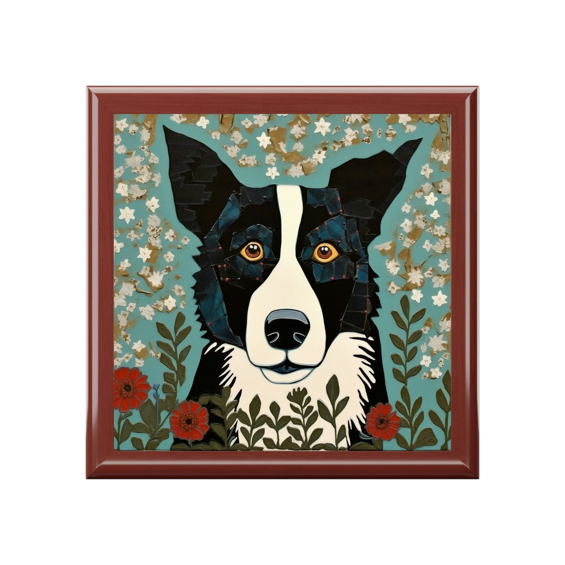 Rustic Folk Art Border Collie Design Wooden Keepsake Jewelry Box