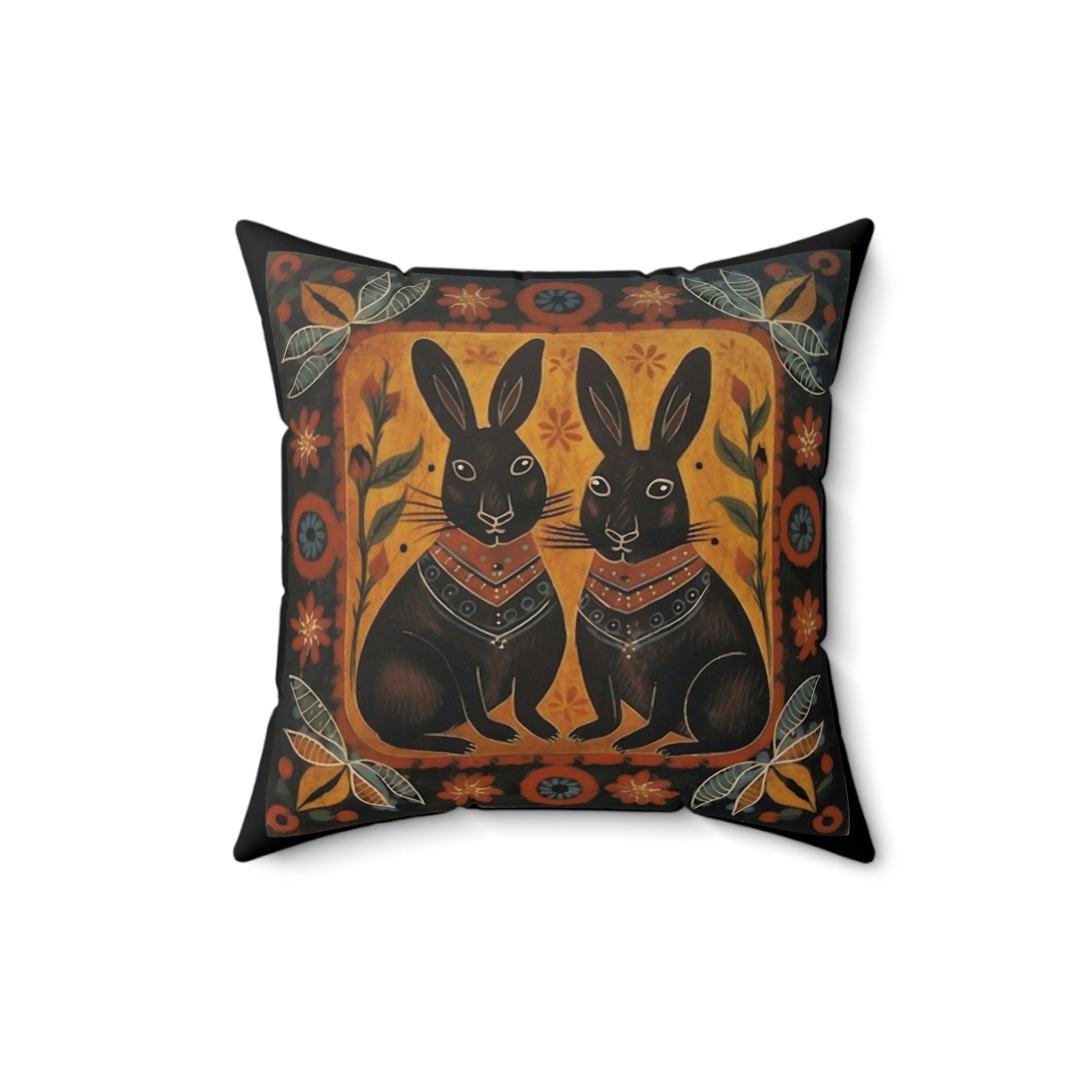 Rustic Folk Art Bunny Couple Design Square Pillow - Cottagecore Country Farm Style Gift for Yourself or Loved Ones