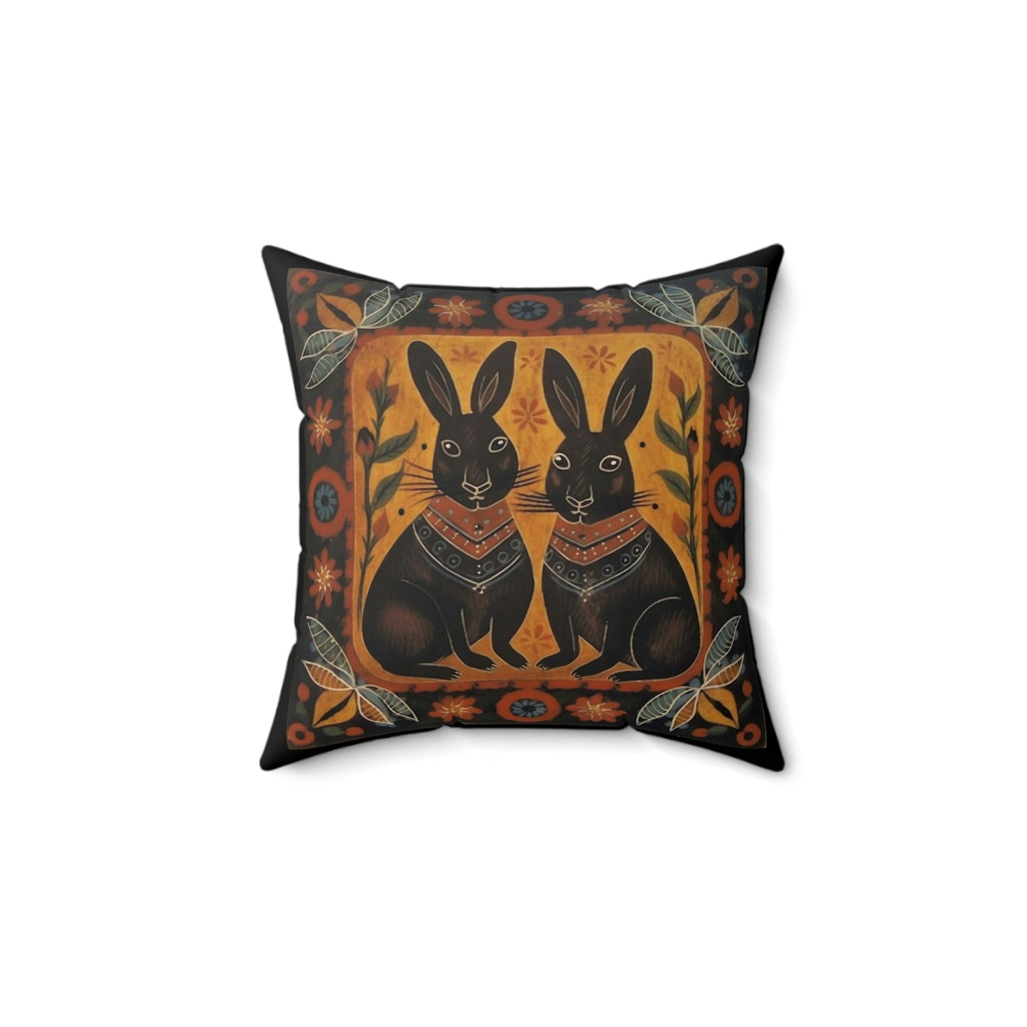 Rustic Folk Art Bunny Couple Design Square Pillow - Cottagecore Country Farm Style Gift for Yourself or Loved Ones