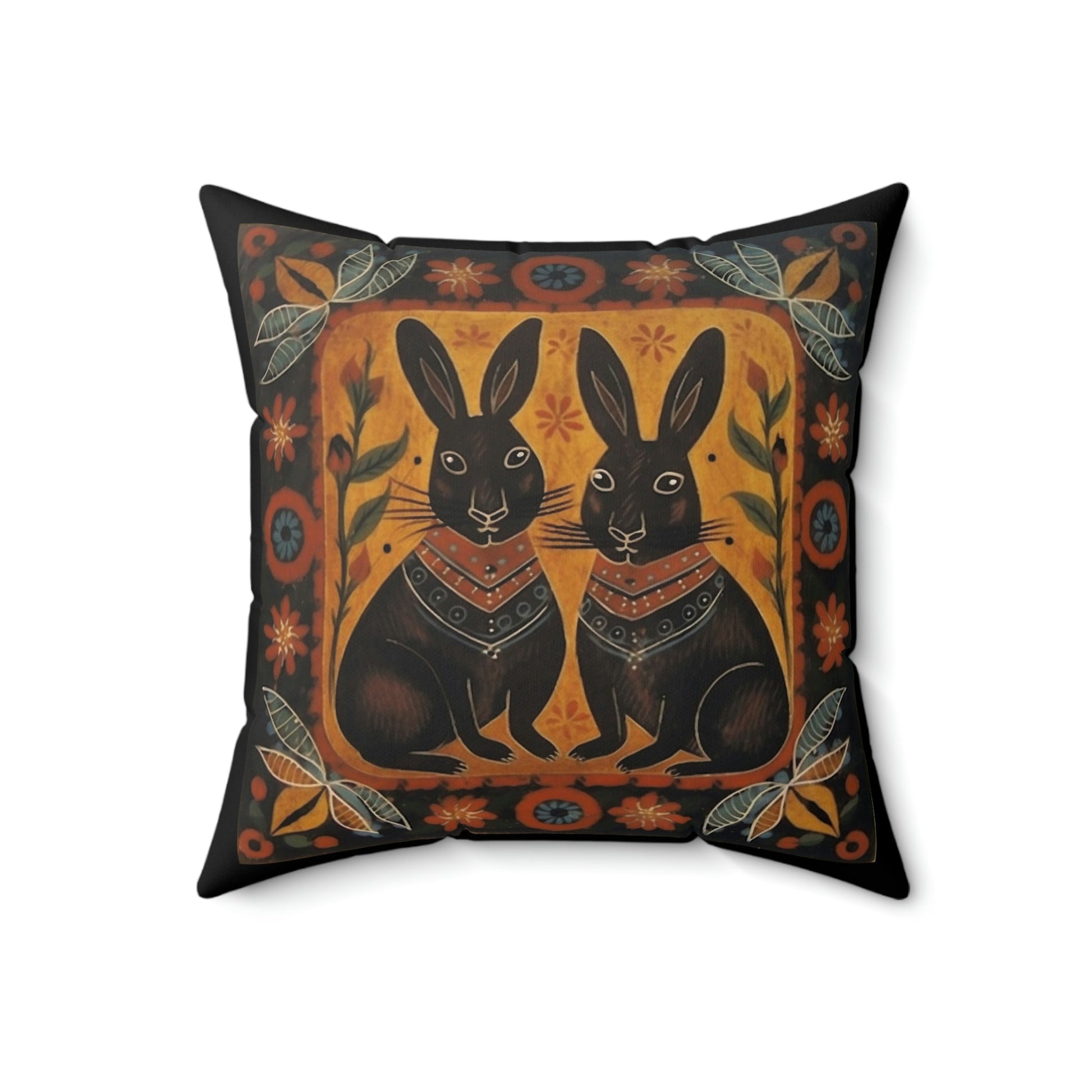 Rustic Folk Art Bunny Couple Design Square Pillow - Cottagecore Country Farm Style Gift for Yourself or Loved Ones