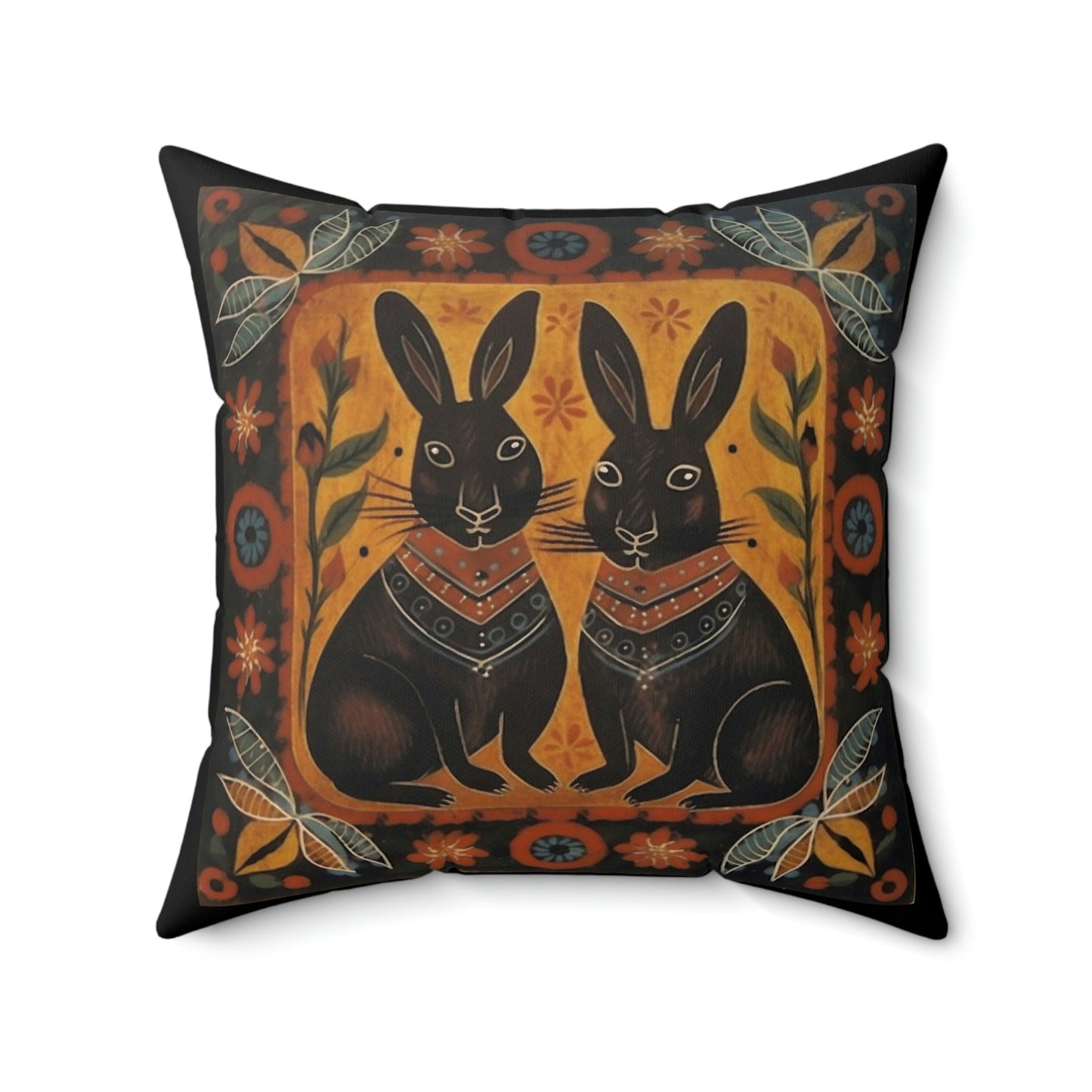 Rustic Folk Art Bunny Couple Design Square Pillow - Cottagecore Country Farm Style Gift for Yourself or Loved Ones