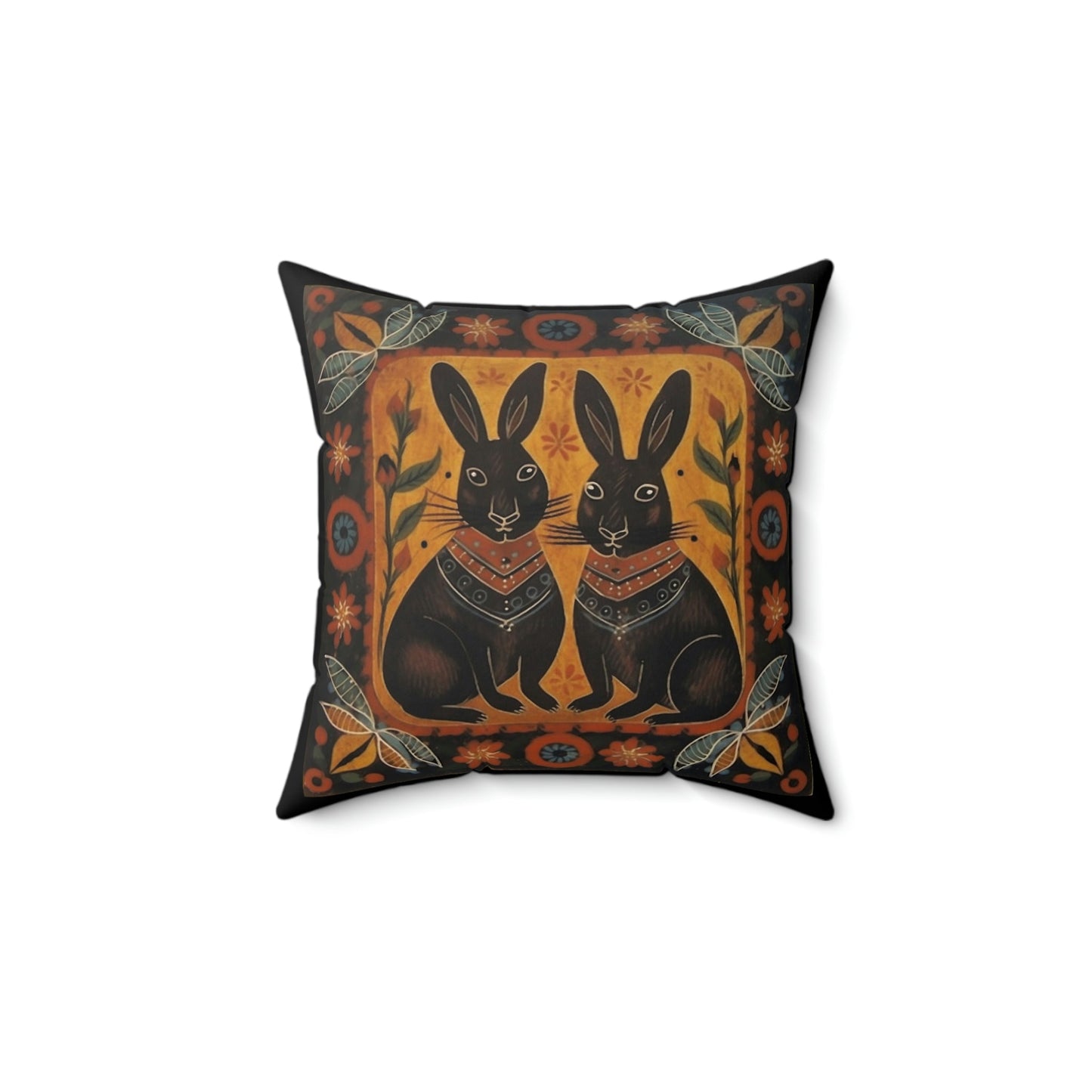 Rustic Folk Art Bunny Couple Design Square Pillow - Cottagecore Country Farm Style Gift for Yourself or Loved Ones