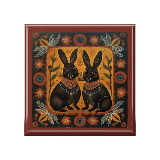 Rustic Folk Art Bunny Couple Design Wooden Keepsake Jewelry Box