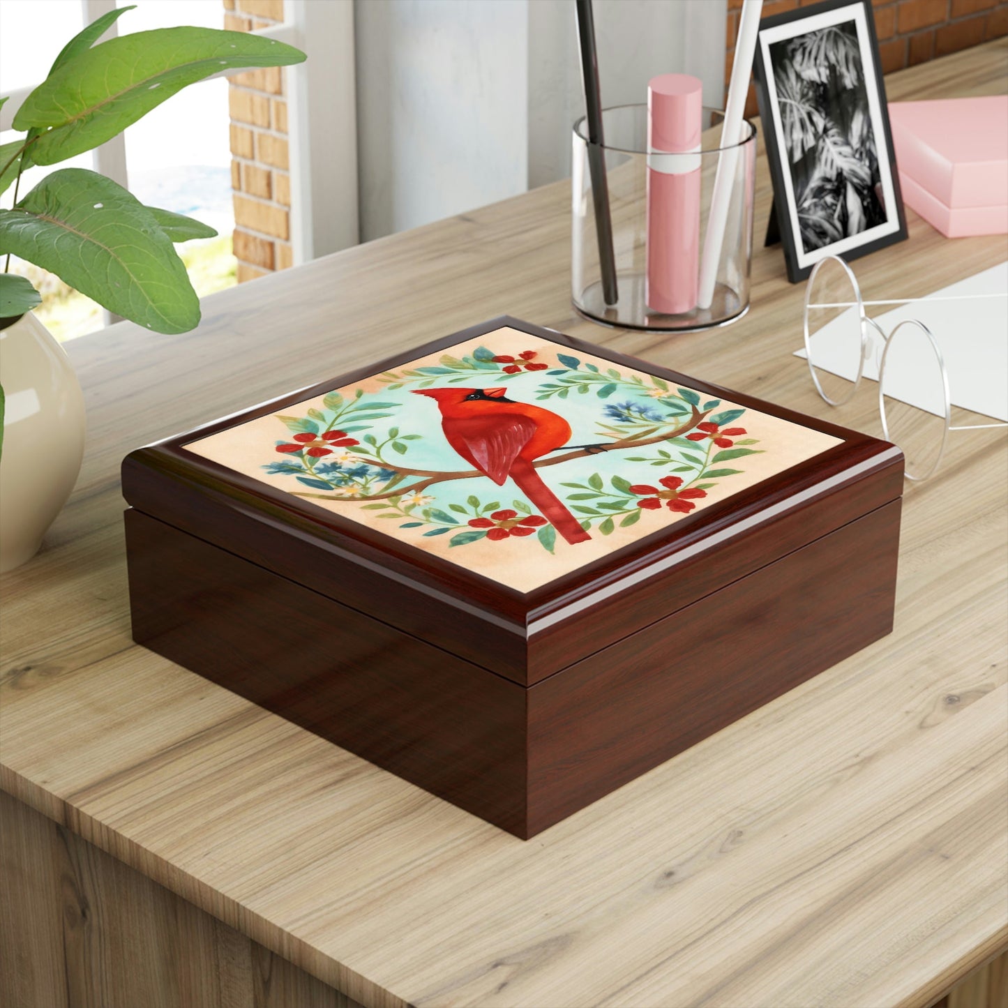 Rustic Folk Art Cardinal Design Wooden Keepsake Jewelry Box