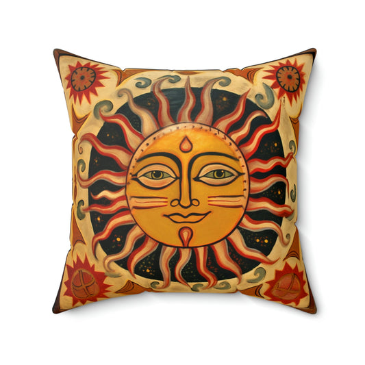 Rustic Folk Art Celestial Sun Design Square Pillow - Cottagecore Country Farm Style Gift for Yourself or Loved Ones
