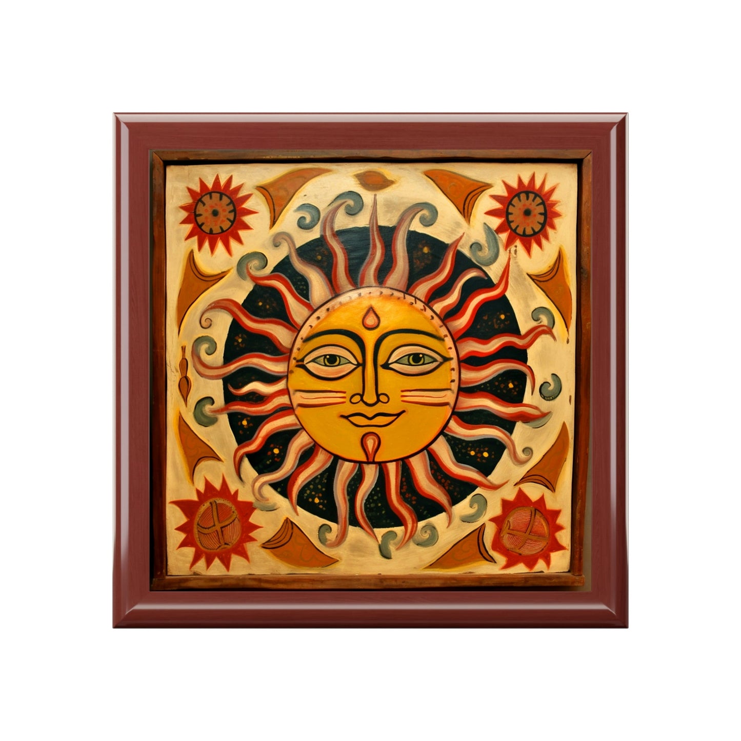 Rustic Folk Art Celestial Sun Design Wooden Keepsake Jewelry Box