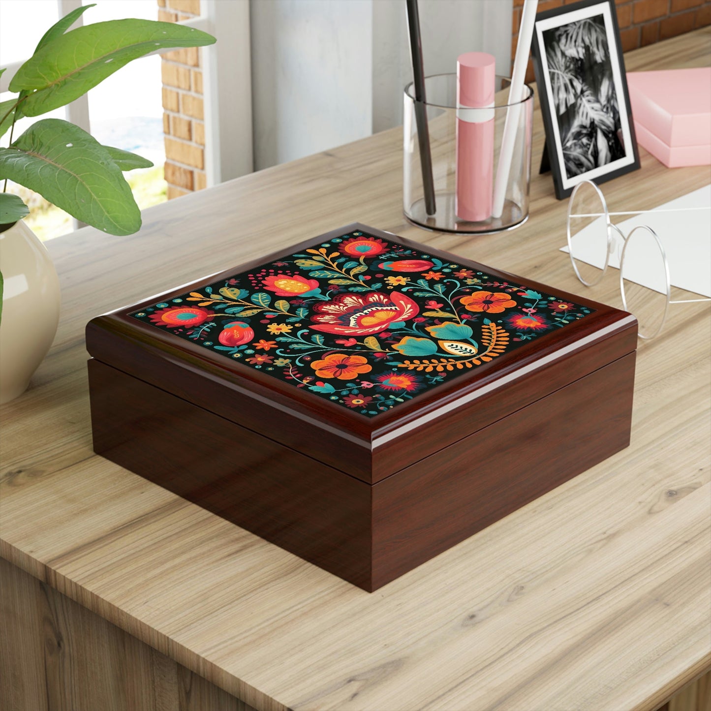 Rustic Folk Art Floral Design Wooden Keepsake Jewelry Box